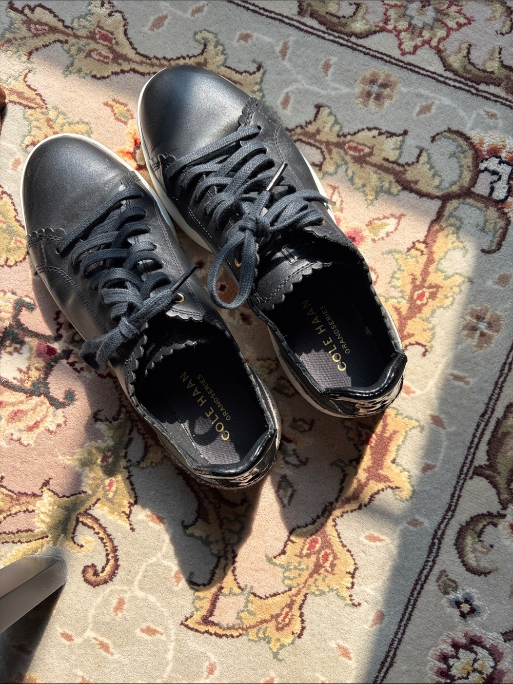 Cole Haan Black Leather Lace-Up Sneakers with Scalloped Trim/leopard back
